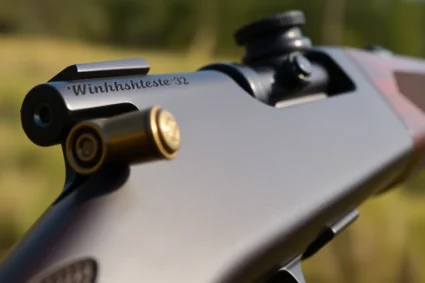 An action shot of a classic Winchester rifle chambered in 32WIN, highlighting its craftsmanship for enthusiasts.