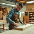 Professional carpenter performing precise measurements for custom carpentry projects in a dedicated workshop.