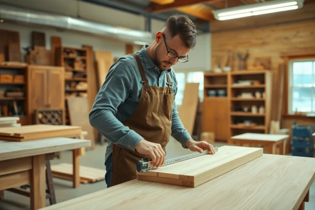 Professional carpenter performing precise measurements for custom carpentry projects in a dedicated workshop.