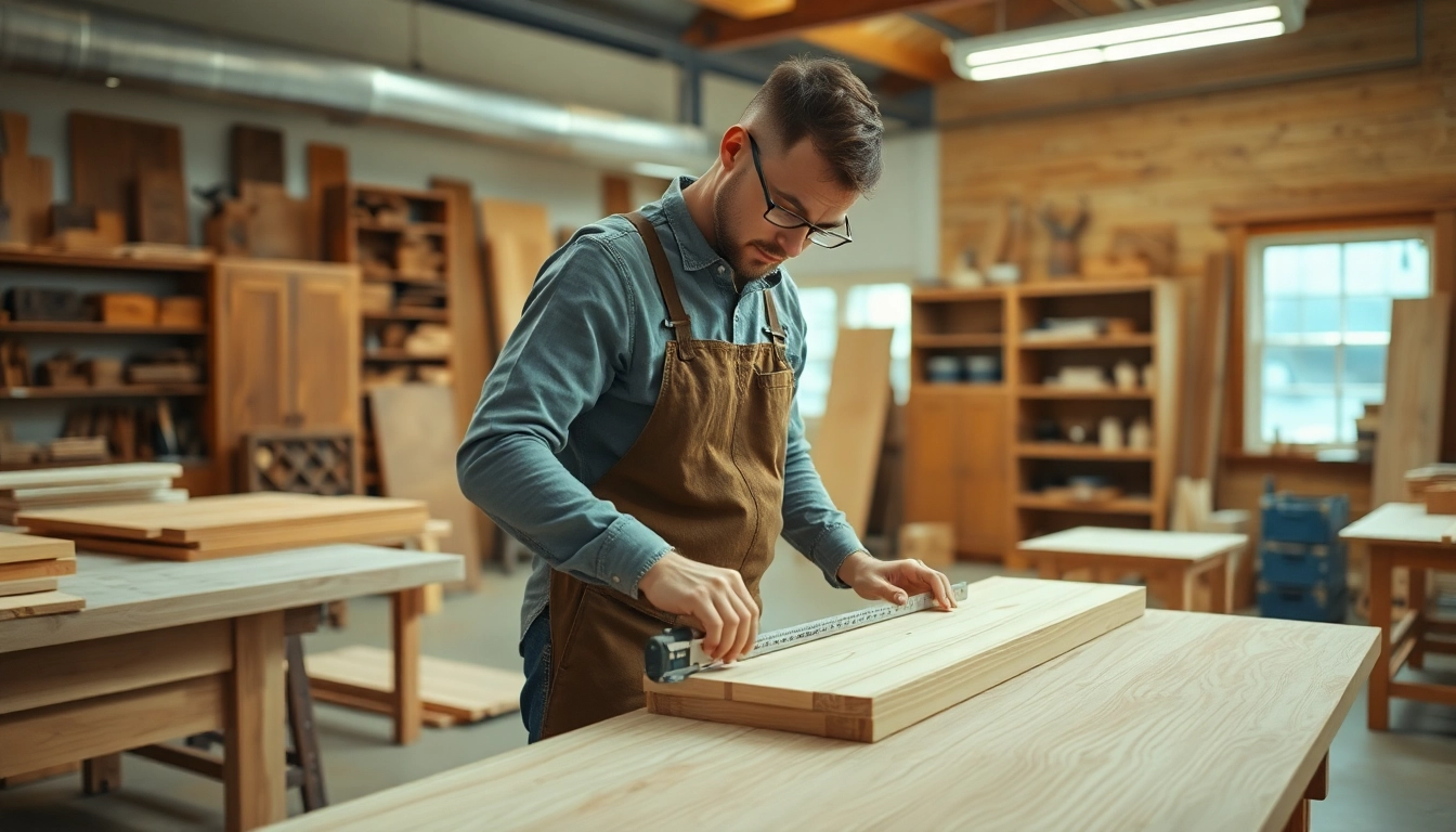 Professional carpenter performing precise measurements for custom carpentry projects in a dedicated workshop.