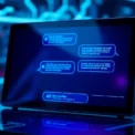 Futuristic digital interface showcasing an AI chat window with neon accents and a tech-inspired background.