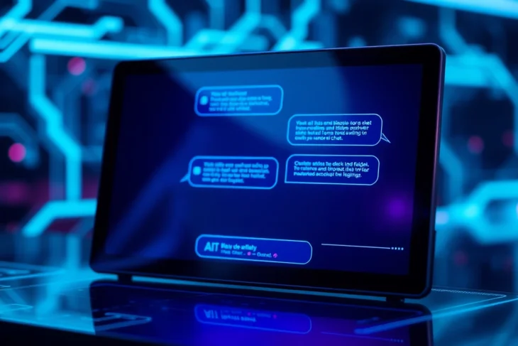 Futuristic digital interface showcasing an AI chat window with neon accents and a tech-inspired background.