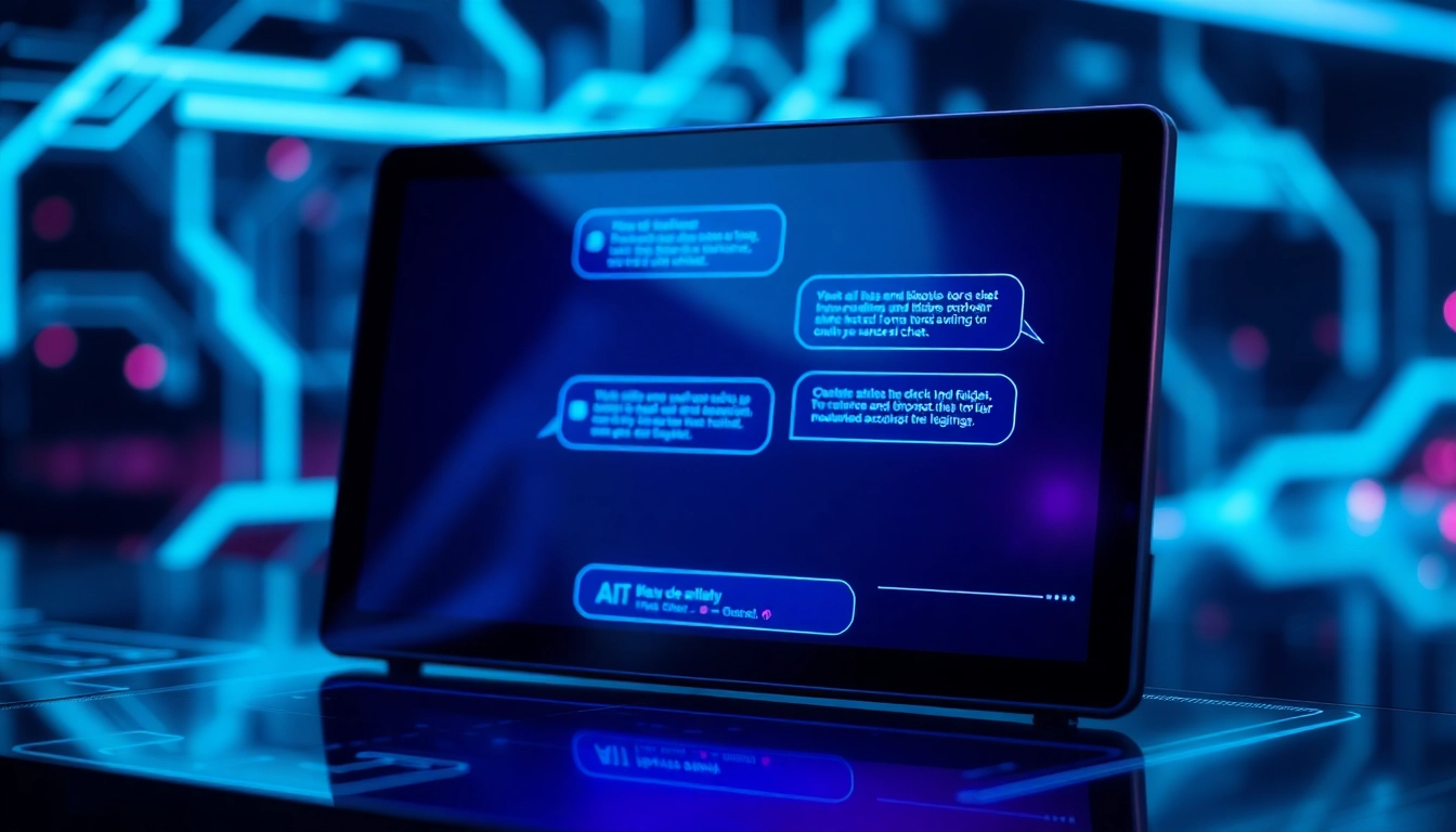 Futuristic digital interface showcasing an AI chat window with neon accents and a tech-inspired background.