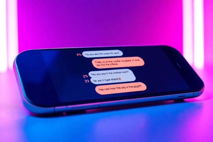 Futuristic AI chat interface on a modern device with vibrant neon background, hinting at adult-themed conversation.