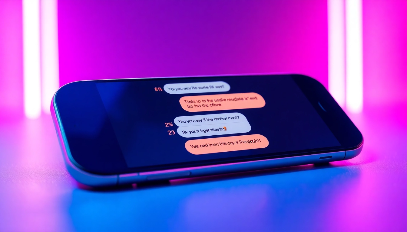 Futuristic AI chat interface on a modern device with vibrant neon background, hinting at adult-themed conversation.