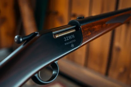 The 32WIN cartridge being loaded into a Winchester lever-action rifle, highlighting its historical design and durability for hunting and shooting enthusiasts.