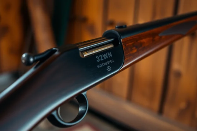 The 32WIN cartridge being loaded into a Winchester lever-action rifle, highlighting its historical design and durability for hunting and shooting enthusiasts.