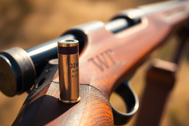 High-quality shot of a 32WIN cartridge and vintage Winchester rifle showcasing craftsmanship and precision for firearm enthusiasts.