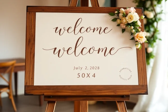 Beautiful wedding welcome sign with floral decorations and elegant calligraphy, perfect for greeting guests at a ceremony entrance, emphasizing the wedding welcome sign keyword.