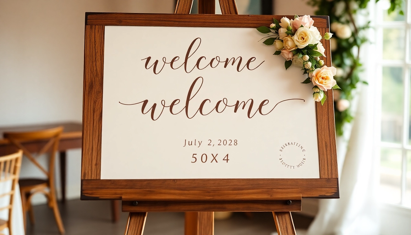 Beautiful wedding welcome sign with floral decorations and elegant calligraphy, perfect for greeting guests at a ceremony entrance, emphasizing the wedding welcome sign keyword.