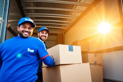 Professional moving company Calgary team expertly handling furniture in a well-lit, organized moving truck, demonstrating reliability and care.