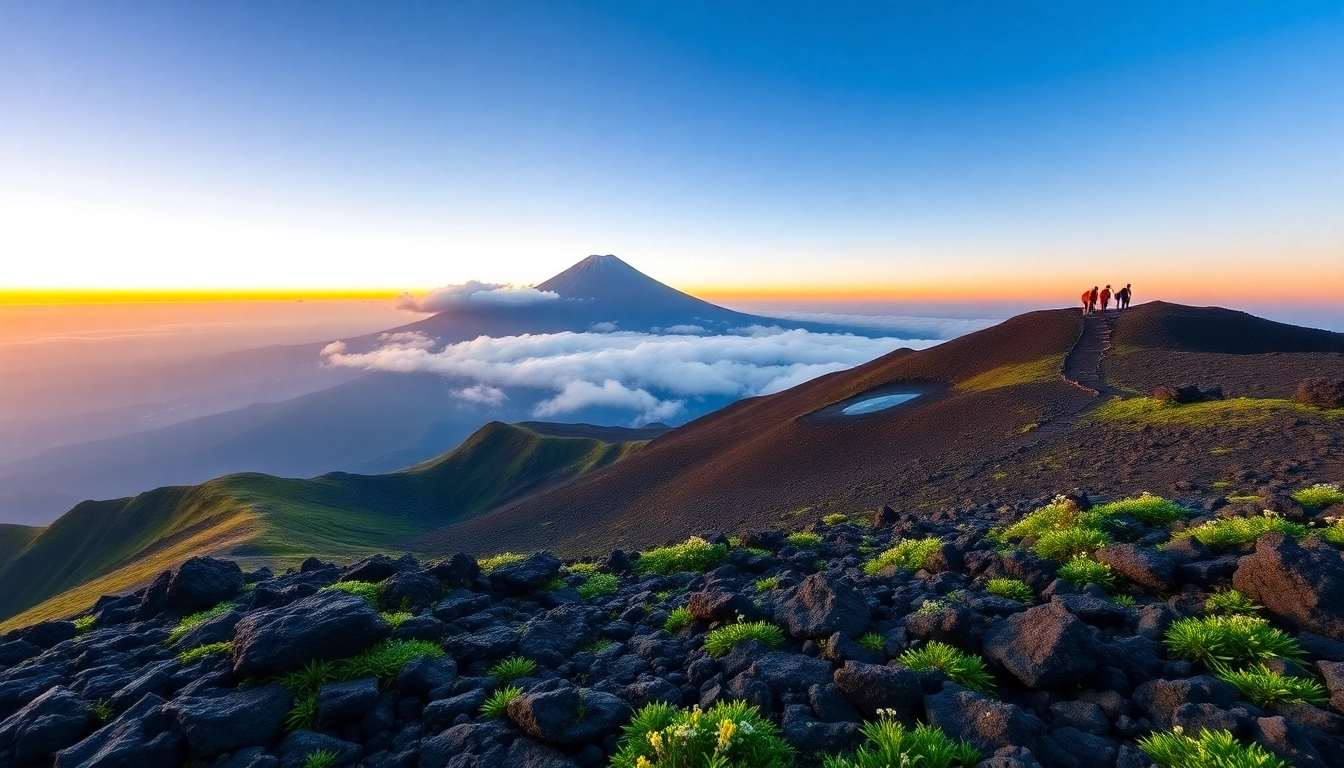 Hikers ascending Mount Rinjani at sunrise with lush greenery and a misty summit in the background.