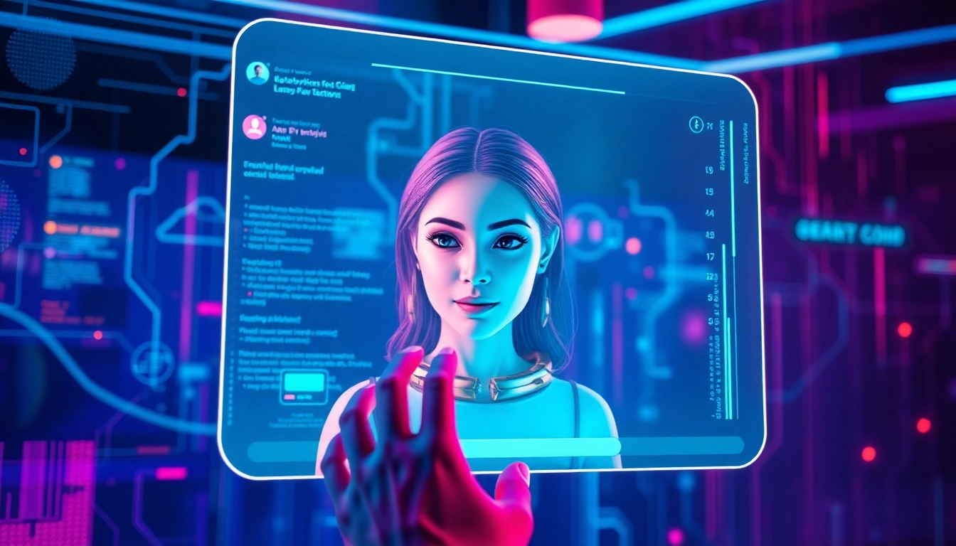 Futuristic digital environment showing a user interacting with an AI character via holographic interface with vibrant neon lights and expressive avatar.