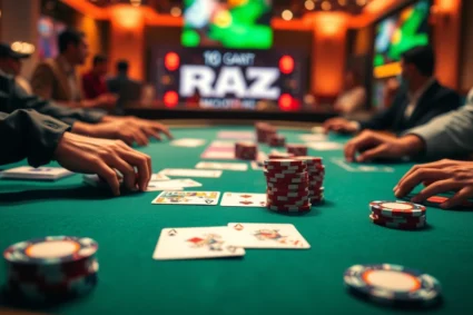 Clubgg poker features a lively online poker scene with vibrant cards, chips, and players engaging in game play.