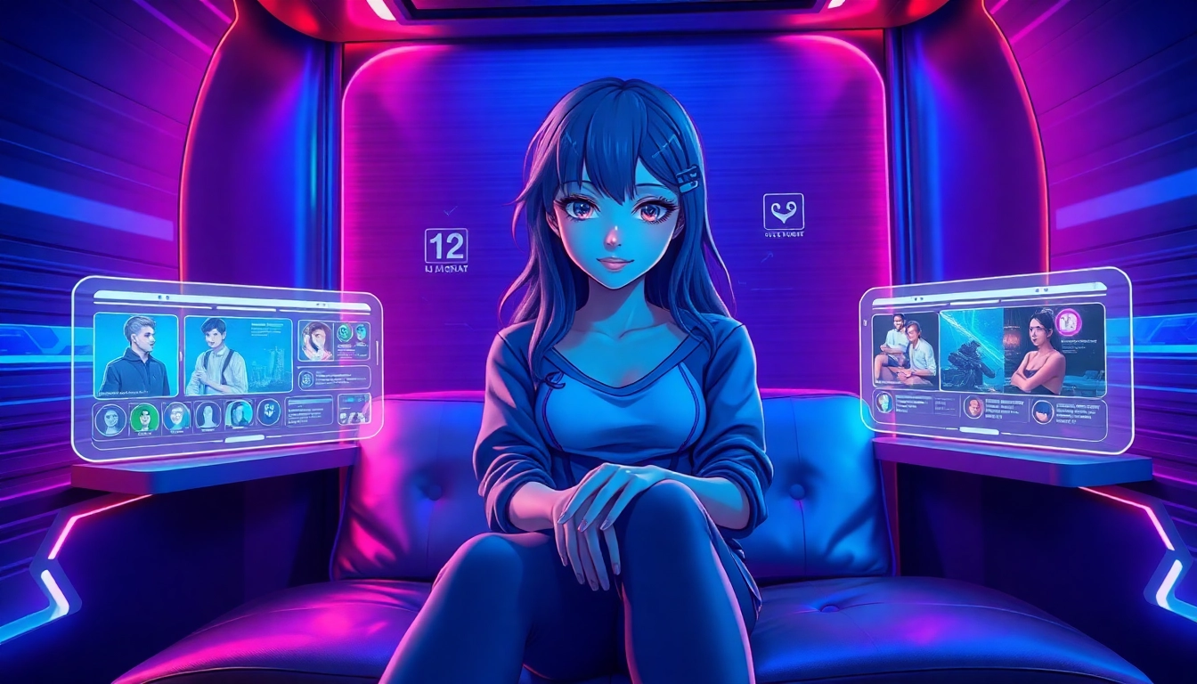 Futuristic digital scene of an AI girlfriend with customizable visuals and holographic displays in a high-tech room.