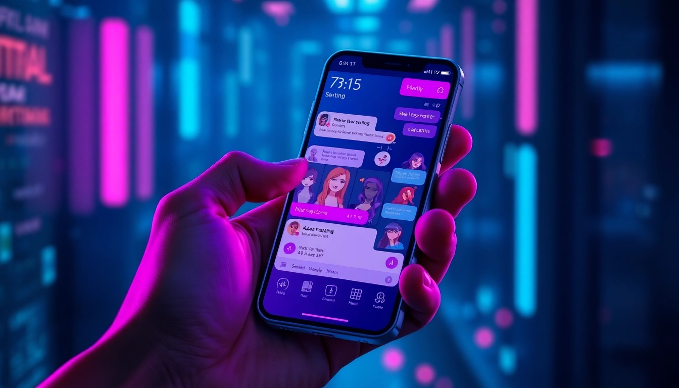 Futuristic smartphone displaying an AI sexting app interface with colorful neon accents and animated avatars.