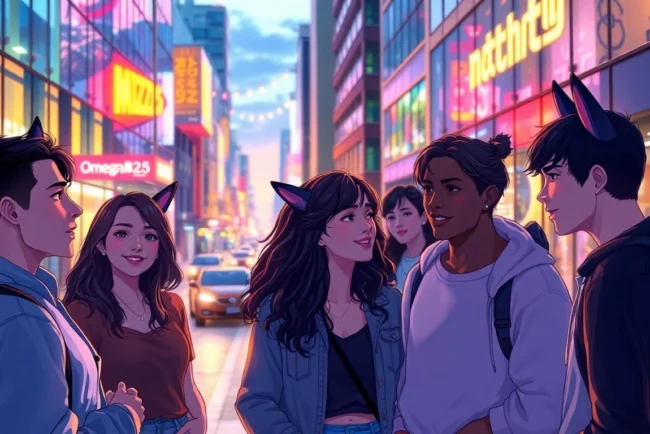 Group of young adults in a neon-lit cityscape, with subtle animalistic features, engaging in conversation at dusk.
