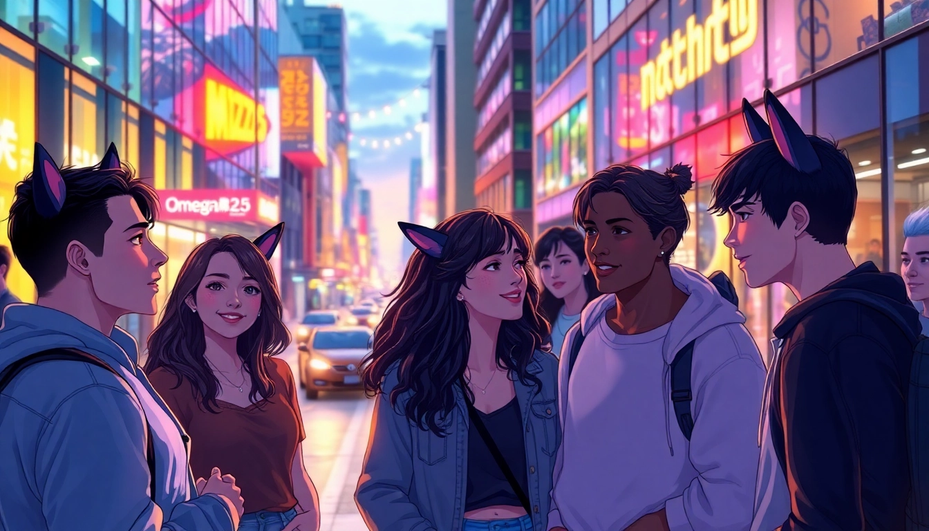 Group of young adults in a neon-lit cityscape, with subtle animalistic features, engaging in conversation at dusk.