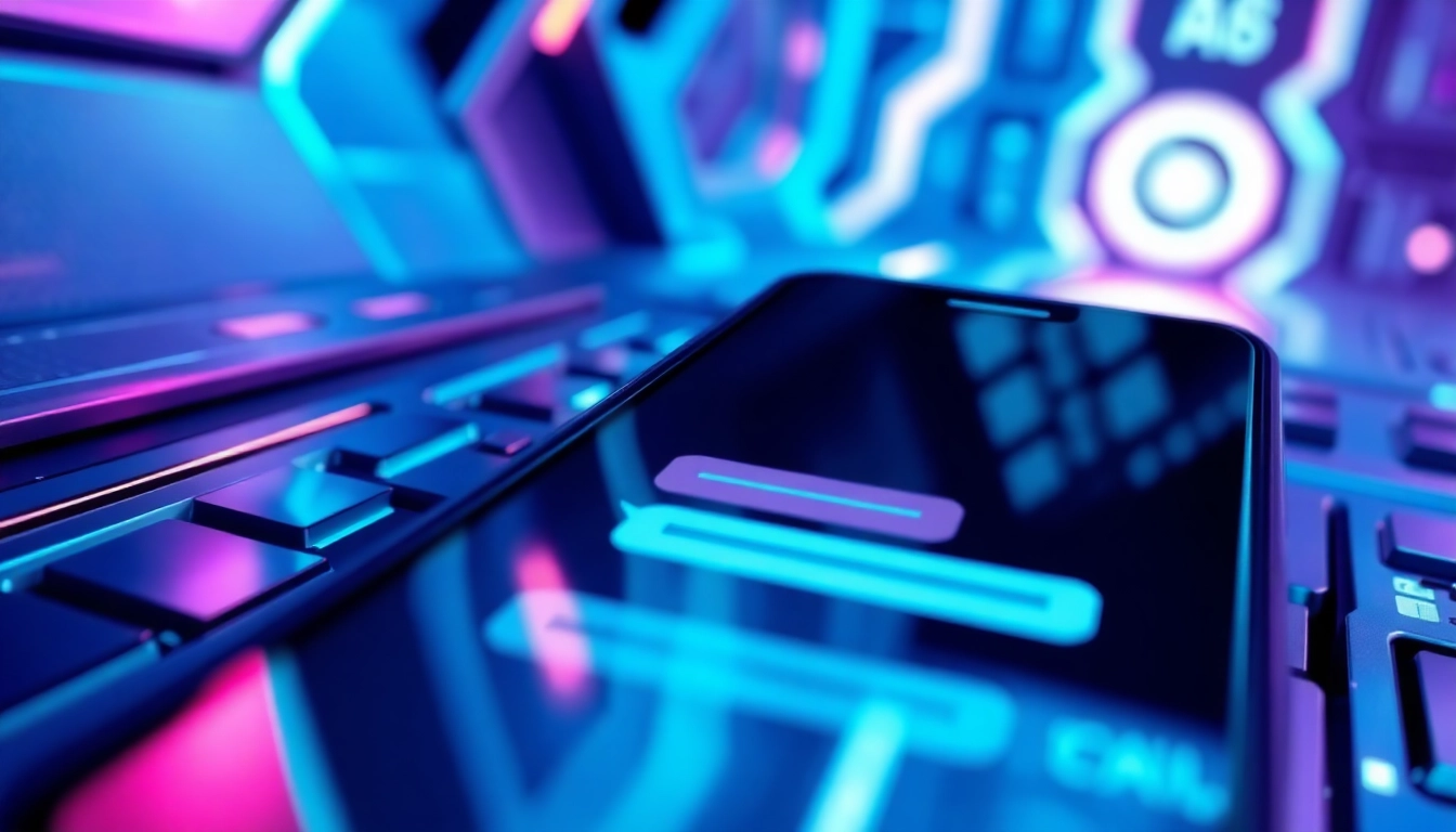 Close-up of a smartphone displaying a futuristic AI chat interface with glowing chat bubbles in a high-tech environment.