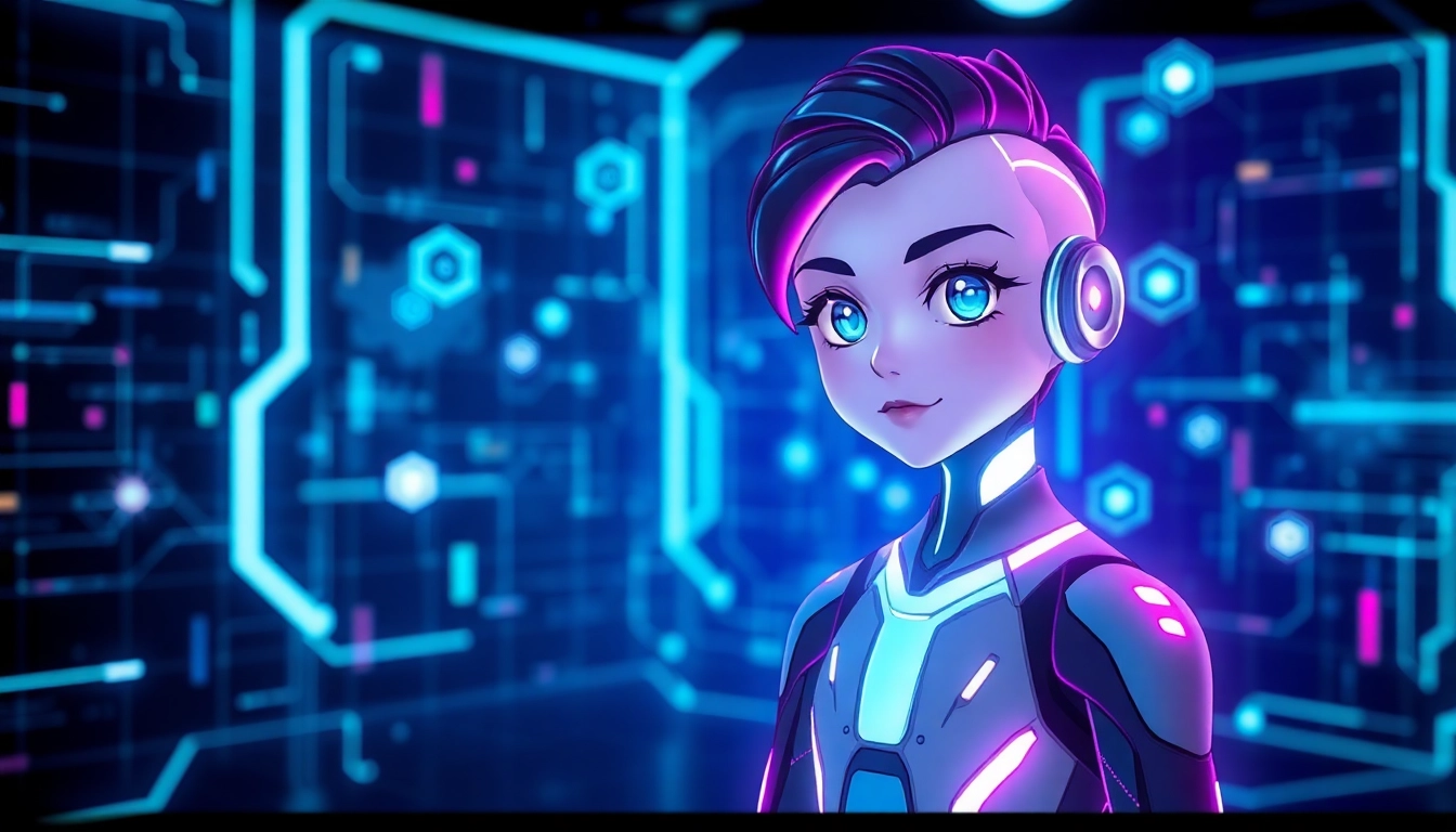 Futuristic AI character in a digital, neon-lit environment with holographic data streams
