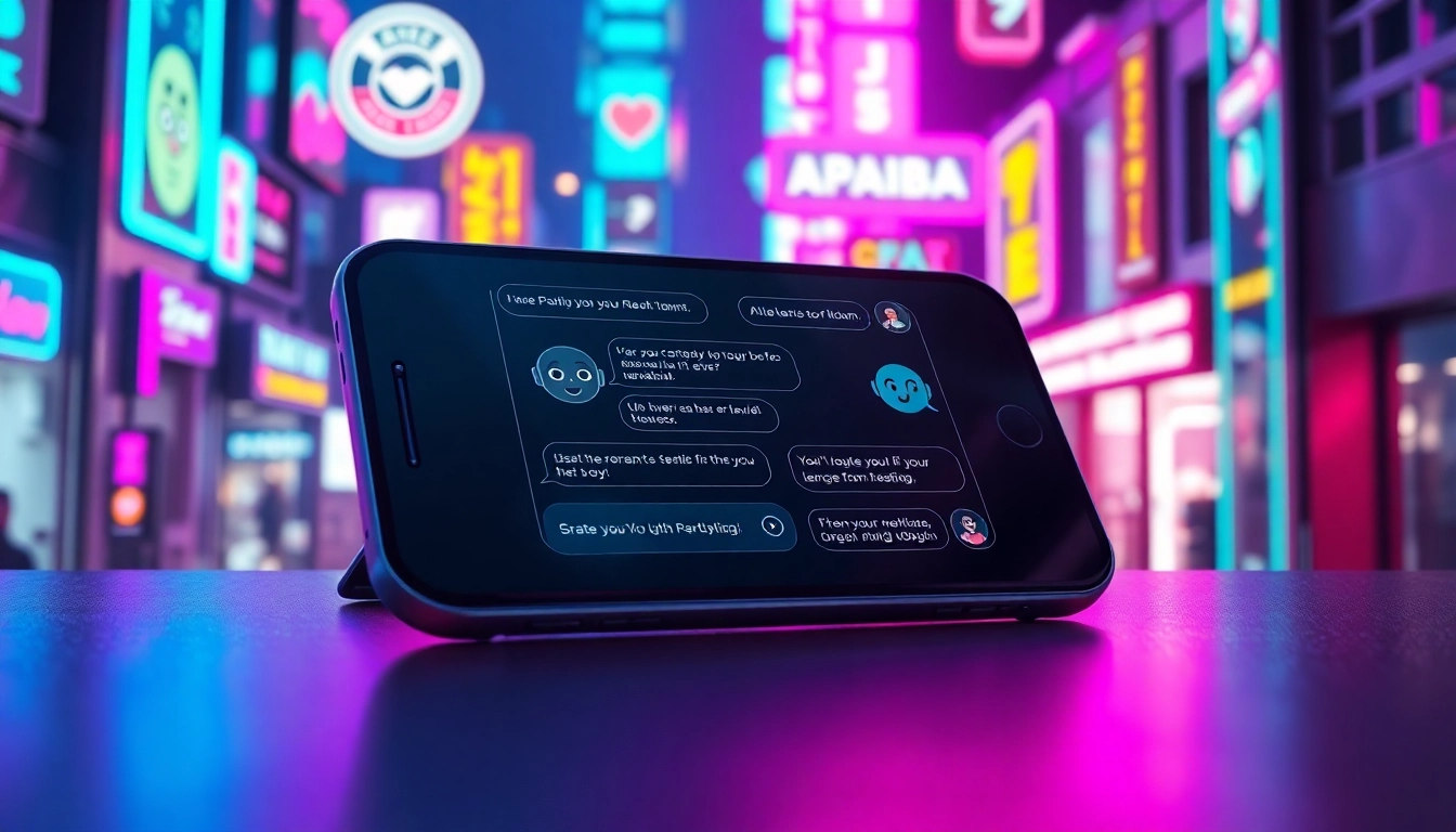 Futuristic chatbot interface on a device screen with neon cityscape background and animated AI characters.