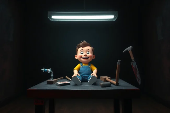 A disturbing scene of Harvey, a cheerful character, surrounded by violent tools in a dark, unsettling room, evoking moral conflict and psychological horror.