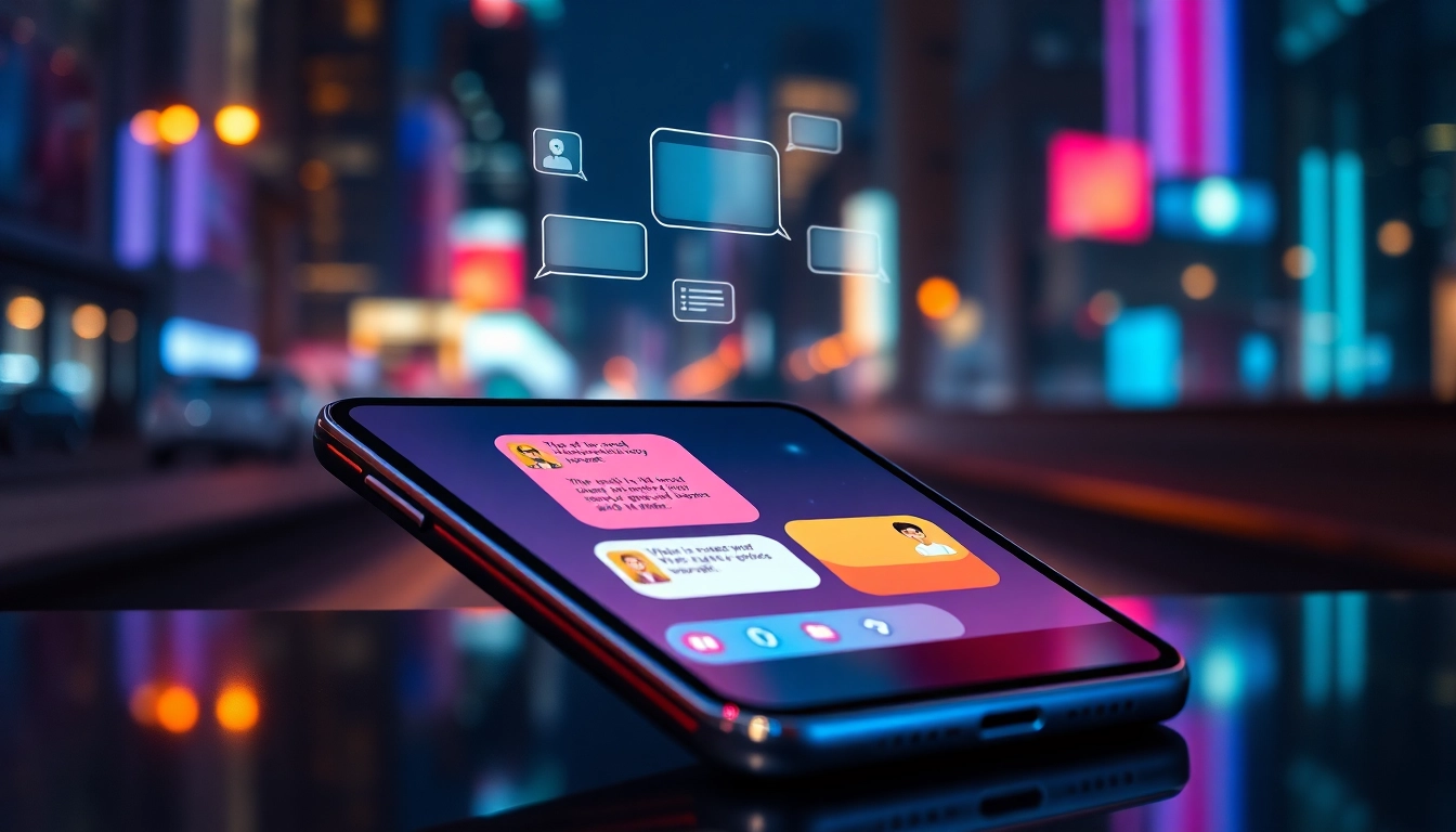 Futuristic smartphone displaying an AI chat interface with colorful speech bubbles and holographic elements against a neon cityscape at night.