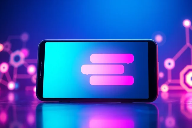 Futuristic digital chat interface on a mobile device with glowing text bubbles and abstract digital elements, representing AI conversation technology.