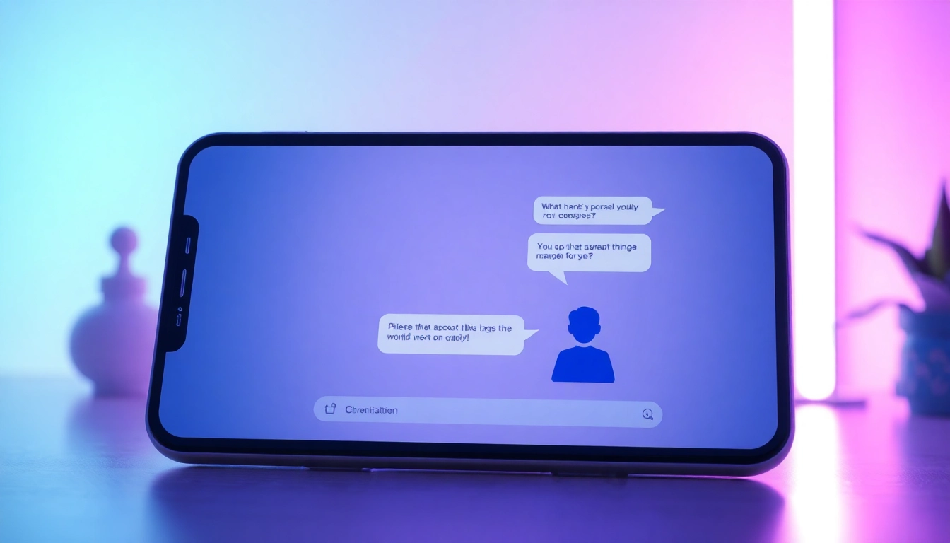 A digital illustration of a person chatting with an AI character on a modern device in a cozy, glowing environment.