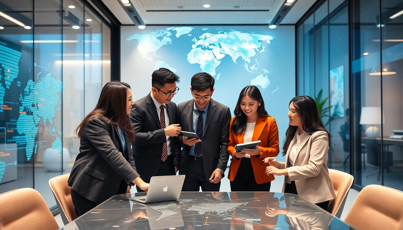 Professional team analyzing strategies for the global lien minh quoc te in a futuristic office