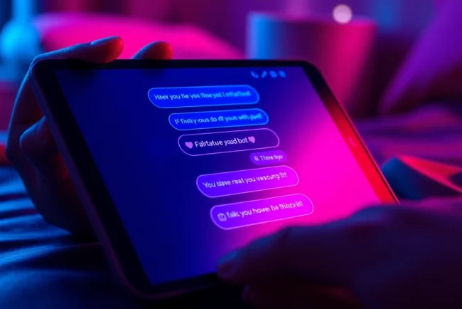 Close-up of a smartphone displaying flirtatious AI chatbot conversation with neon lighting effects.