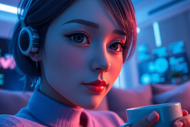 NSFW Image Generator scene: close-up of a lifelike AI companion with neon glow