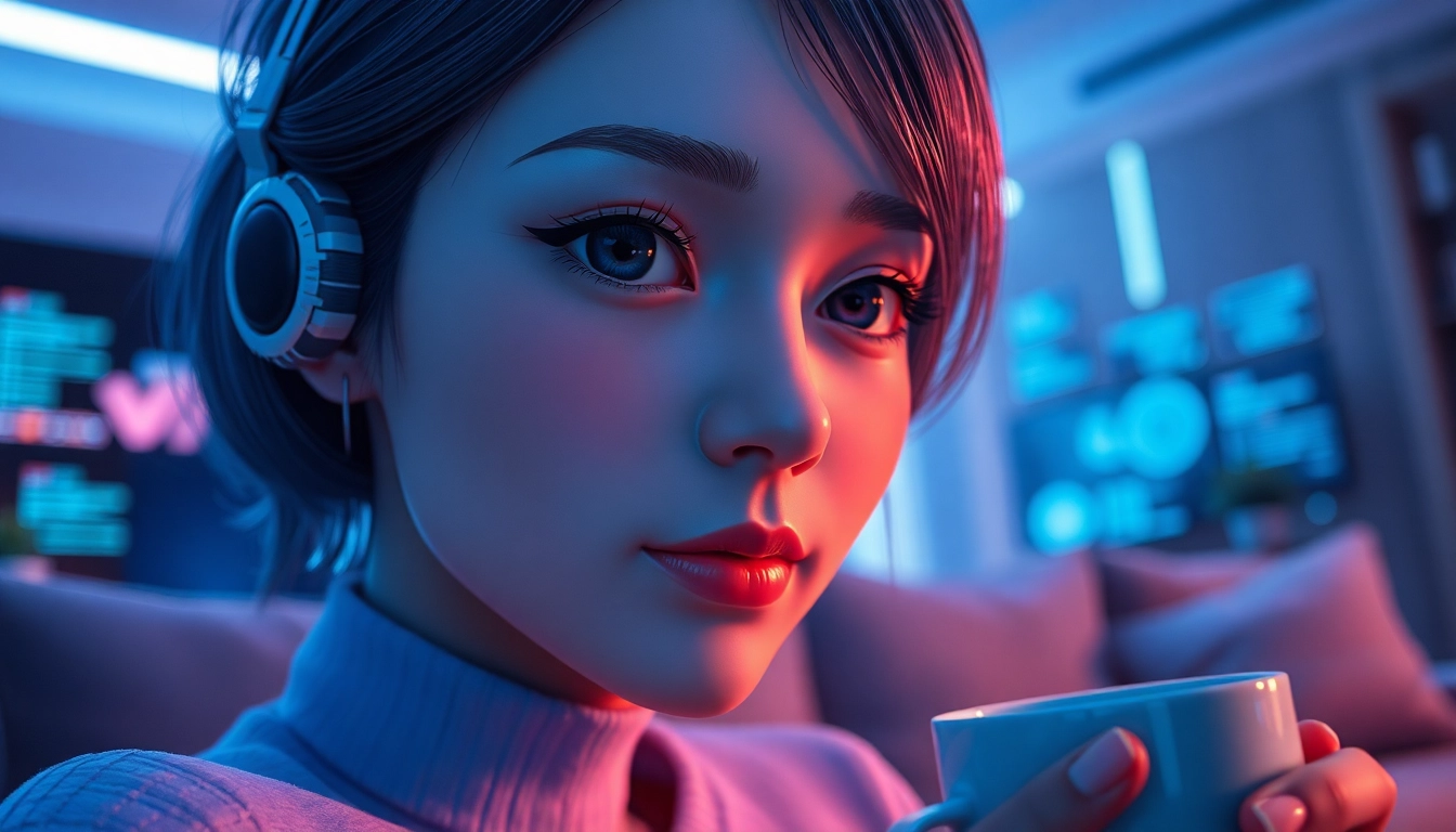 NSFW Image Generator scene: close-up of a lifelike AI companion with neon glow