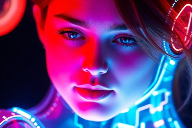 AI girlfriend engaging in a realistic, open dialogue with a user on a futuristic screen, showcasing natural expressions and advanced interaction.