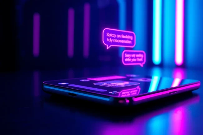 An illustration of a futuristic chat screen with colorful text bubbles representing spicy AI conversations in a modern, neon-lit environment.