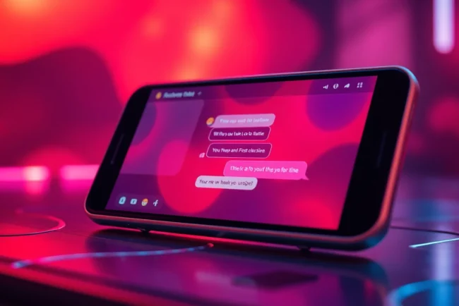 Close-up of a futuristic chat interface on a sleek device with glowing, colorful elements suggestive of spicy and intimate conversations.