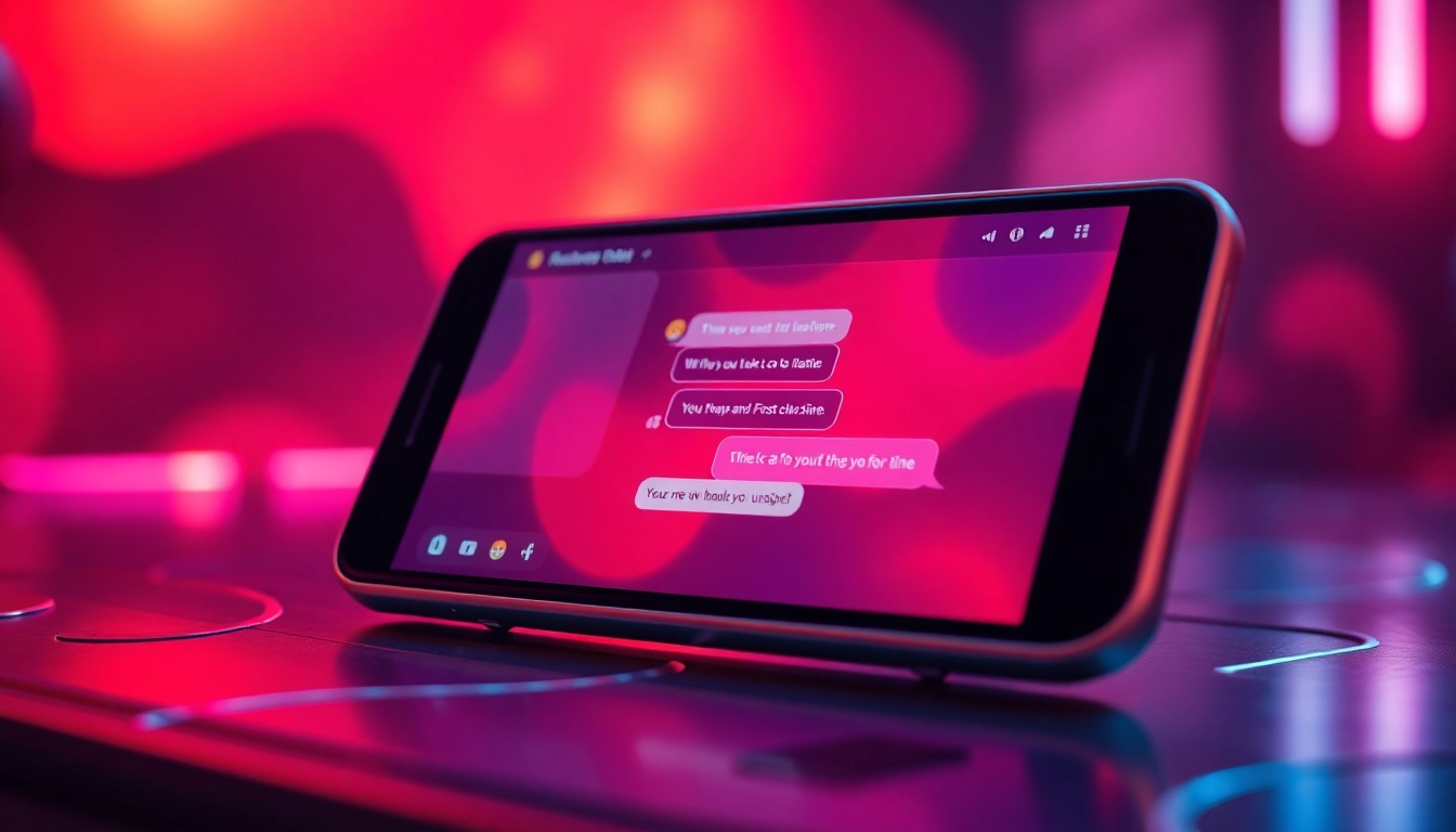 Close-up of a futuristic chat interface on a sleek device with glowing, colorful elements suggestive of spicy and intimate conversations.