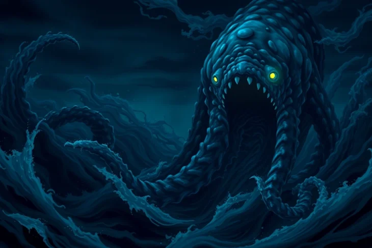 Ancient illustration of the kraken revealing a colossal sea monster attacking a ship in deep