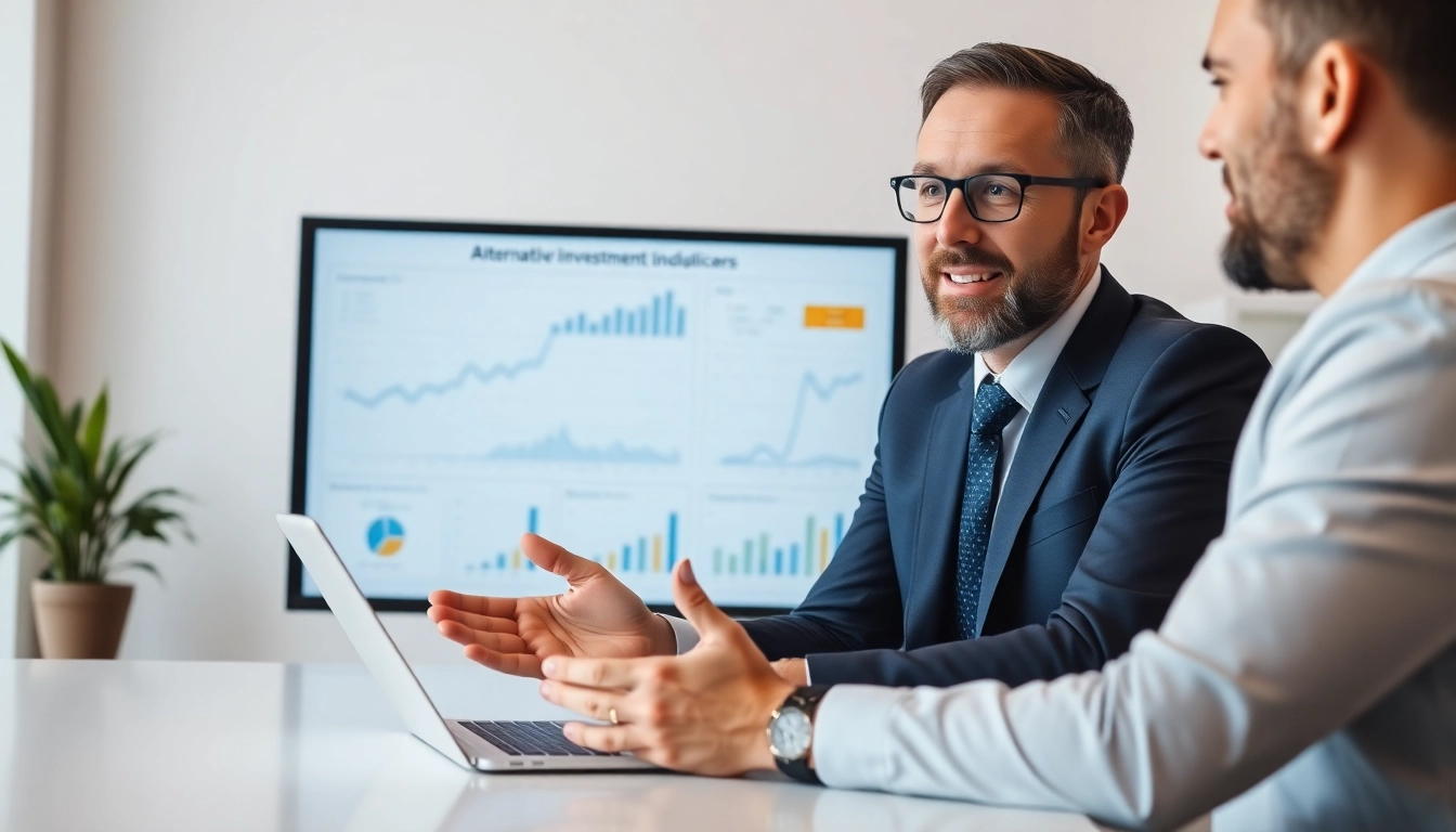 Financial advisor discussing alternative investments for beginners with colorful charts and