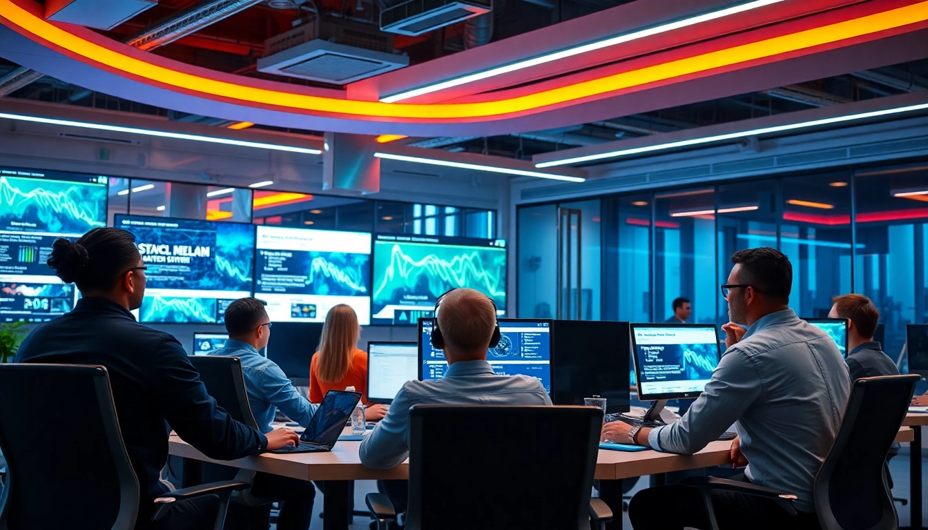 Business team reviewing latest technology startup news on digital screens in a modern office setting