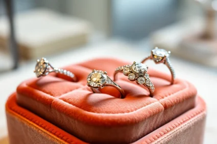 Luxurious engagement rings online collection with diamonds and color accents on a jewelry display