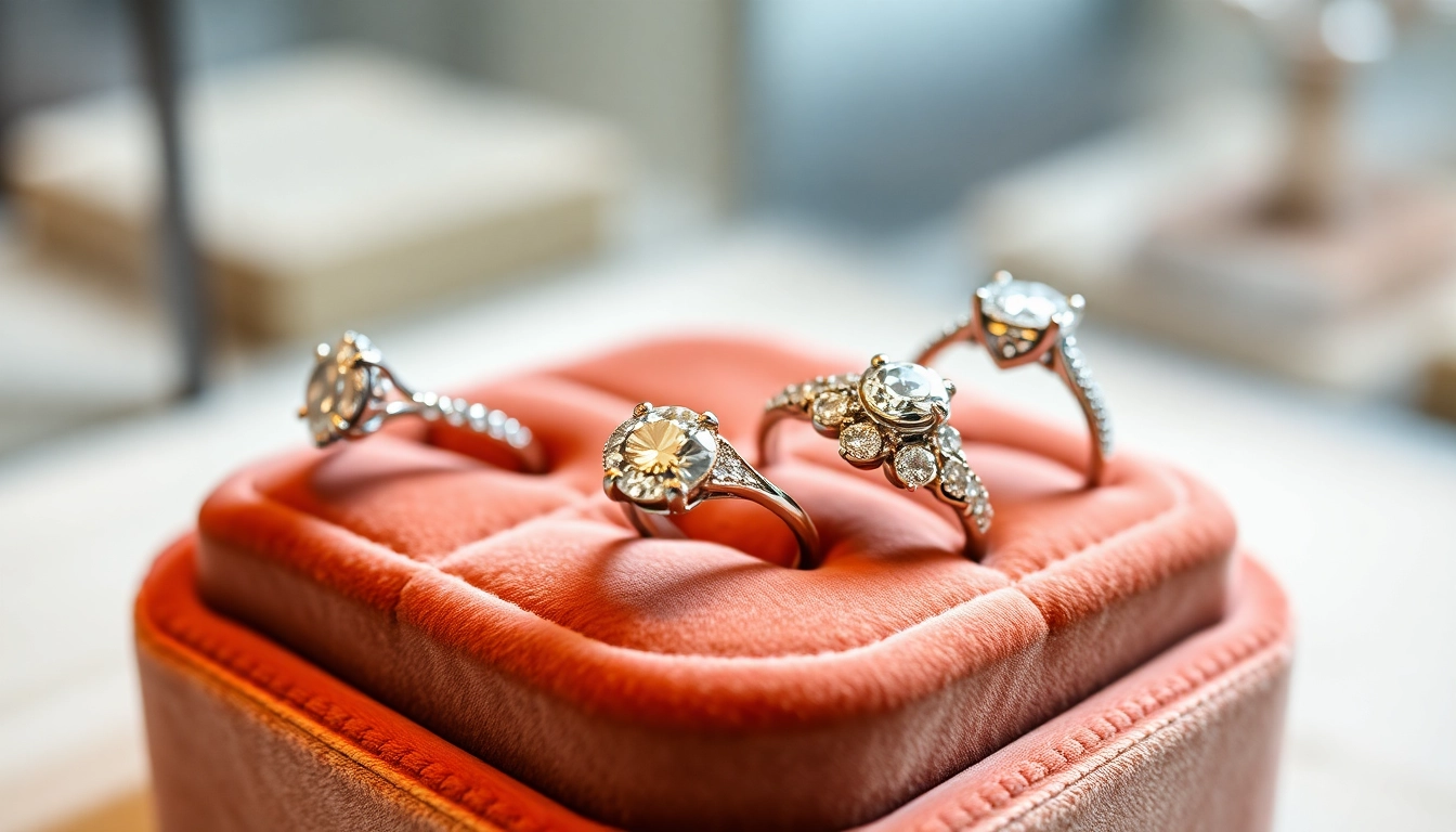Luxurious engagement rings online collection with diamonds and color accents on a jewelry display