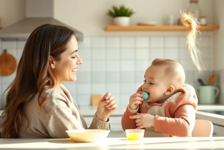 Healthy baby food Made in Italy served in colorful silicone bowls with a smiling mother feeding