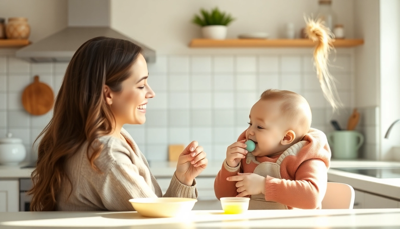 Healthy baby food Made in Italy served in colorful silicone bowls with a smiling mother feeding