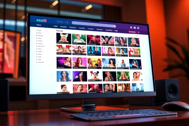 A digital illustration of an adult website interface displayed on a sleek computer screen with colorful thumbnails and navigation elements.