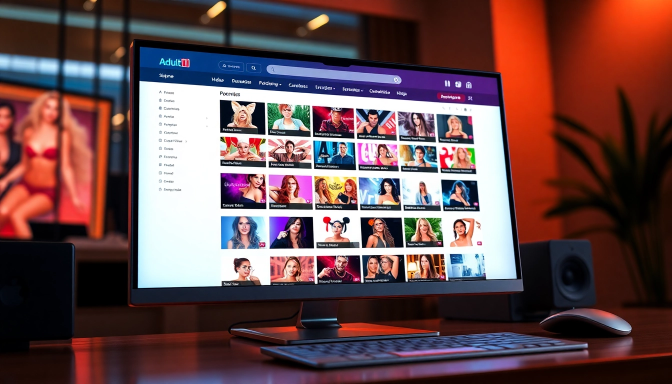 A digital illustration of an adult website interface displayed on a sleek computer screen with colorful thumbnails and navigation elements.