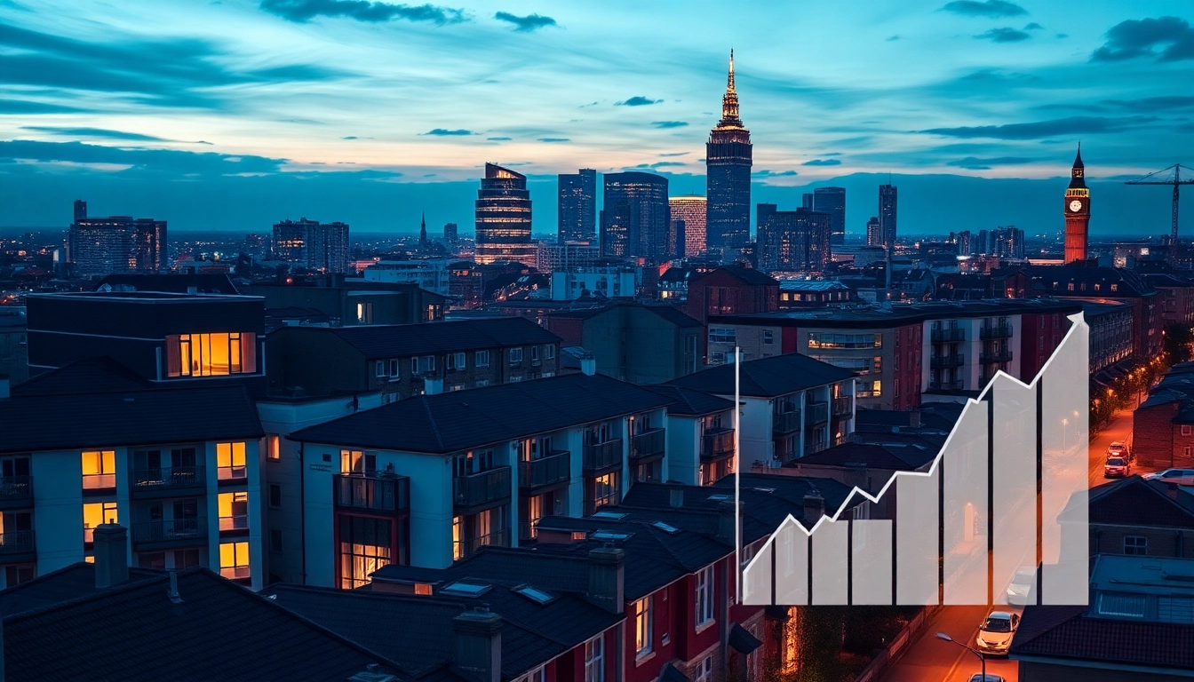 Residential Property Market UK analysis showing growth trends and market data on a city skyline