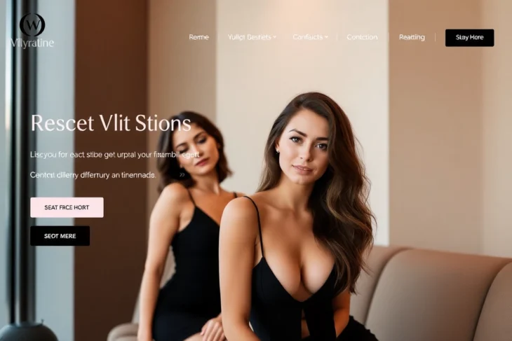Professional showcase with attractive women in elegant attire emphasizing discretion and quality