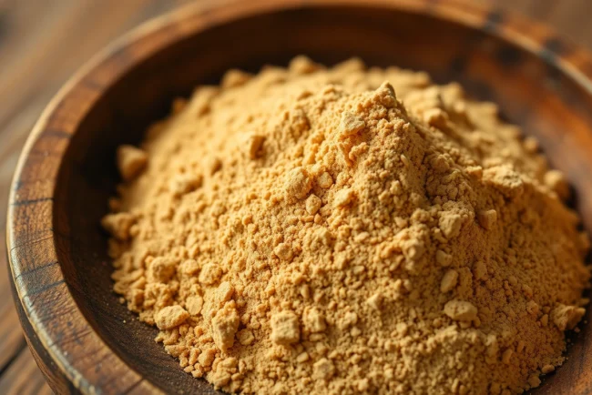 High-quality nutmeg powder in a wooden bowl showcasing its rich aroma and fine texture for