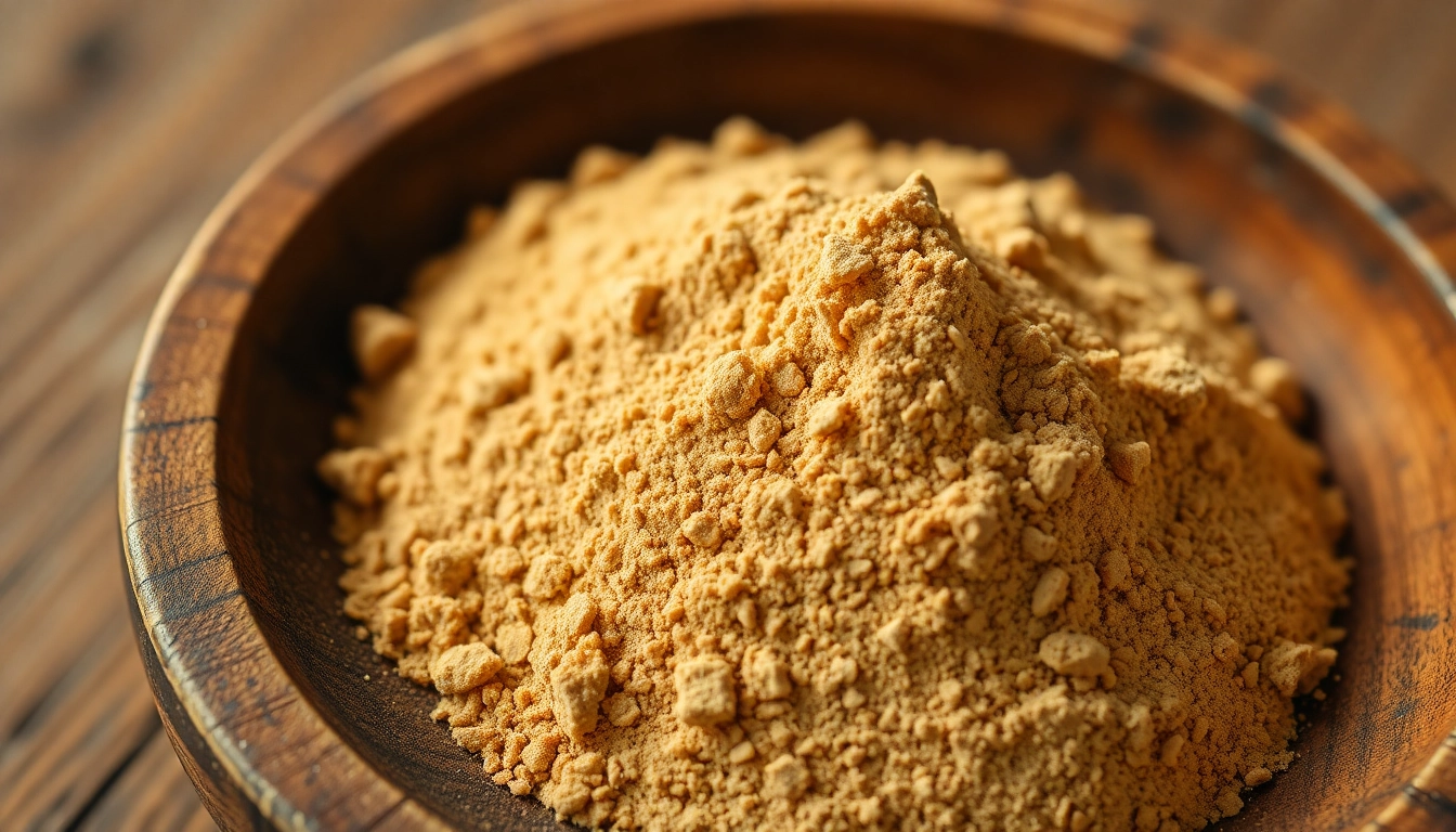 High-quality nutmeg powder in a wooden bowl showcasing its rich aroma and fine texture for
